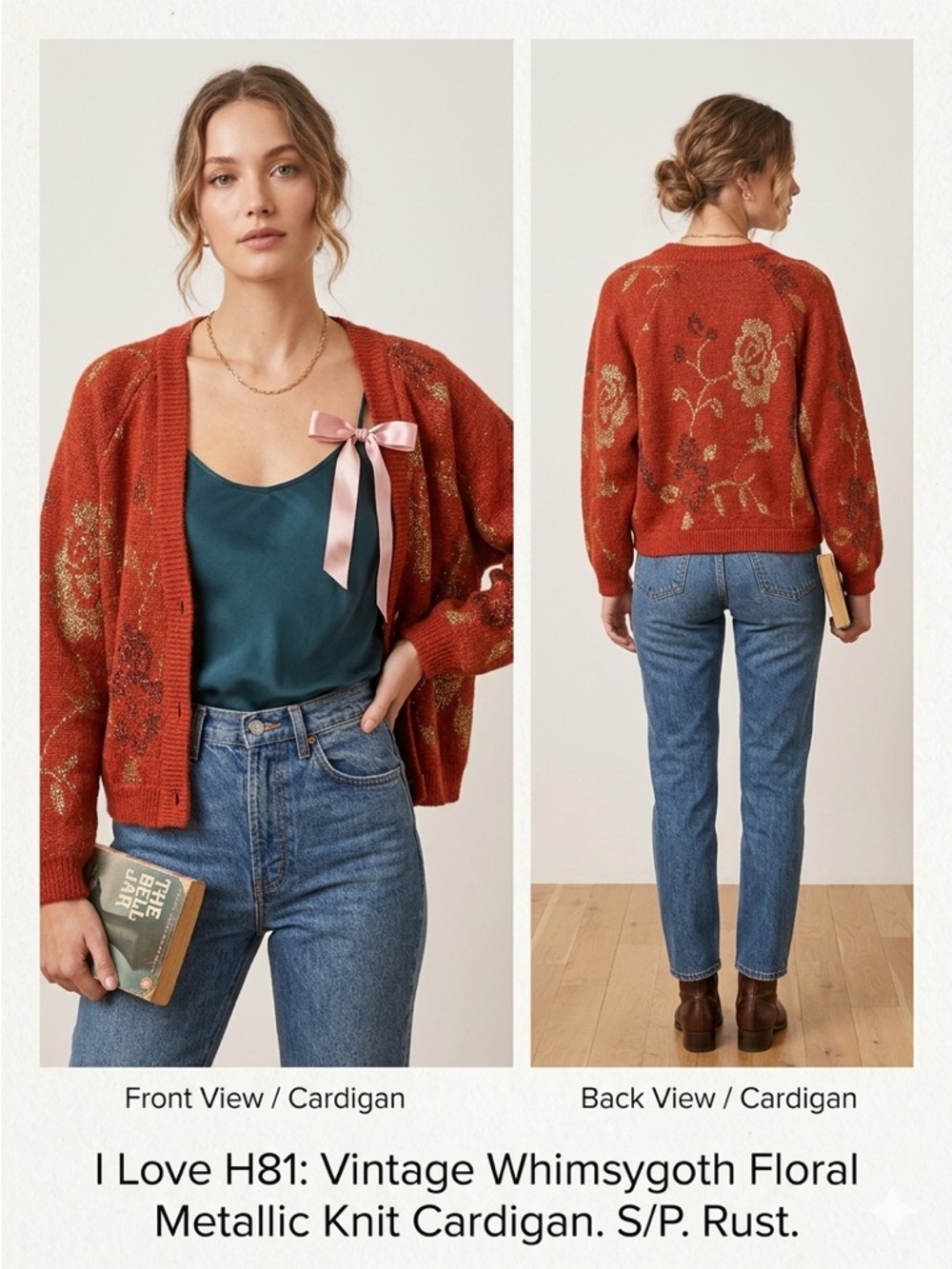 Vintage I Love H81 Whimsygoth Floral Metallic Knit Cardigan S/P RUST EUC *